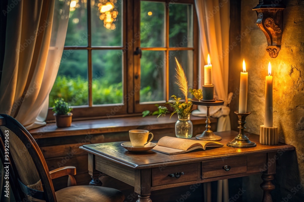 Poet's Retreat: Intimate, Serene, Soft Lighting, Writing Desk, Candlelight Poet's Retreat: Intimate, Serene, Soft Lighting, Writing Desk, Candlelight