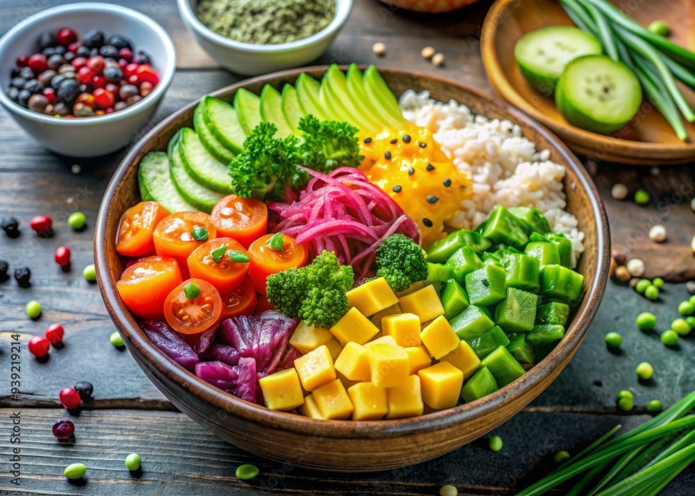 Poke Paradise: Refreshing, healthy, exotic, vibrant colors, geometric patterns Poke Paradise: Refreshing, healthy, exotic, vibrant colors, geometric patterns