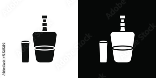 Tequila bottle and glass icon Black line art vector logo set