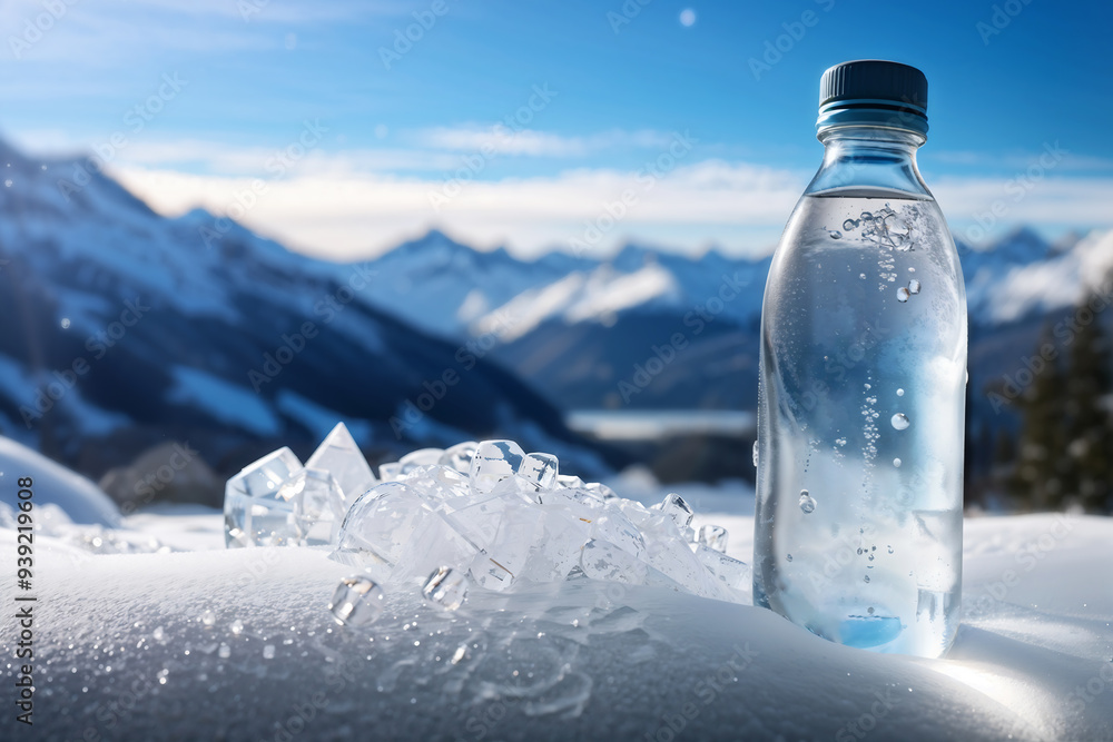Pure water bottle amidst ice crystals against snowy mountains in winter’s natural setting Pure water bottle amidst ice crystals against snowy mountains in winter’s natural setting