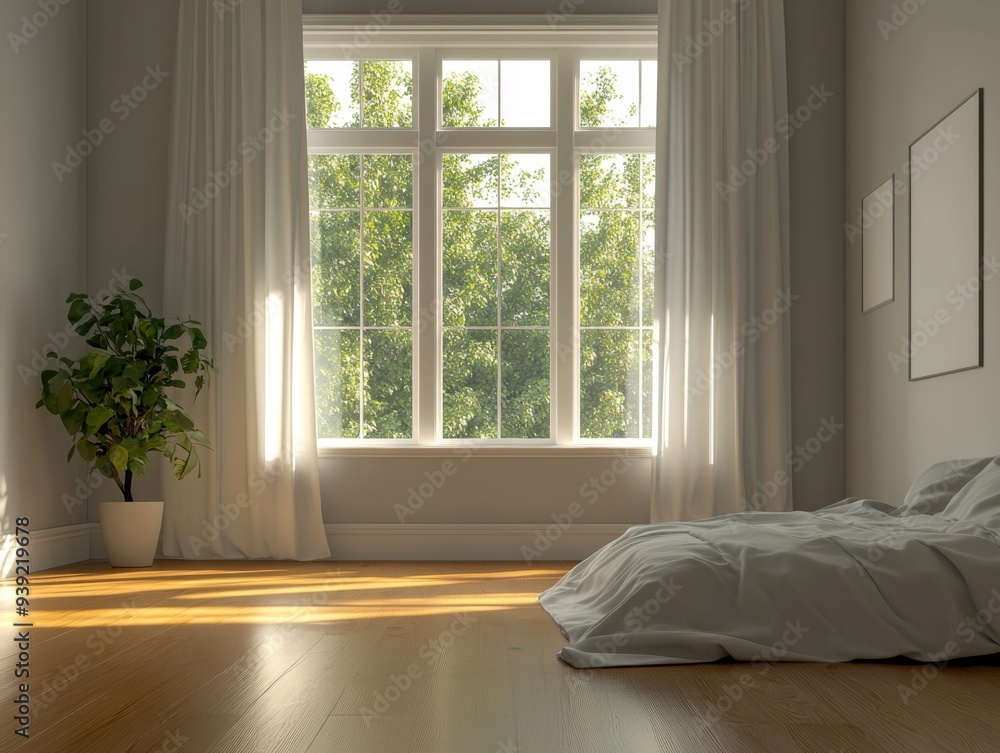 A bedroom with a large window and a white bed A bedroom with a large window and a white bed