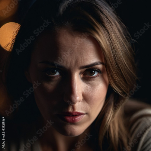 Woman with furrowed brows and worried expression looks directly at camera. Lighting is dim, casting shadows around face, emphasizing her stress. Fear, frustration, upset, worry and thoughtfulness. AI