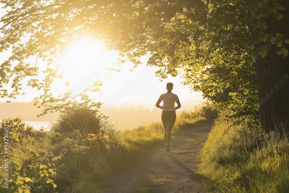 A person jogging along a scenic trail during sunrise, with the soft glow of the morning light symbolizing the start of a healthy day A person jogging along a scenic trail during sunrise, with the soft glow of the morning light symbolizing the start of a healthy day