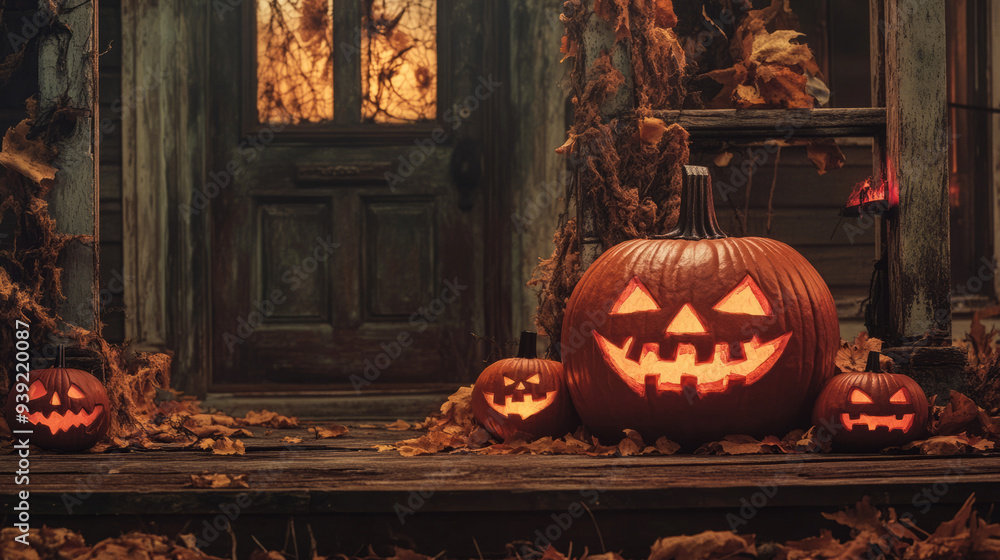Obraz premium Halloween pumpkins decorations and party supplies with lanterns, candles for a memorable celebration.Halloween is celebrated on October 31st with costumes, trick-or-treating, and spooky decorations