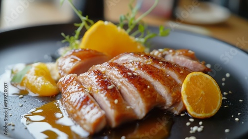 Deliciously cooked duck breast with orange slices and sauce, presented on a stylish black plate with herbs garnish, ideal for gourmet cuisine. photo