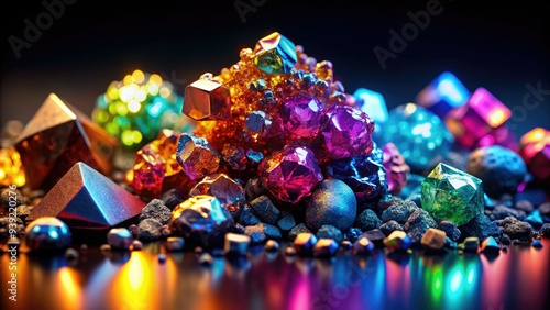 Vibrant, shimmering rare earth elements in various forms and colors, including neodymium, dysprosium, and cerium, displayed on a dark background, highlighting their unique properties.