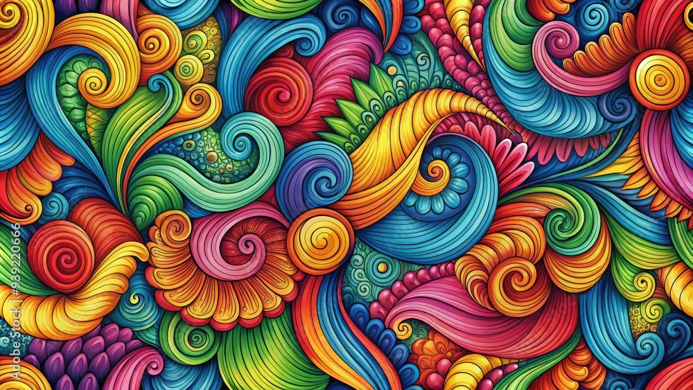 Vibrant, swirling abstract shapes and lines in a seamless repeat pattern, created by hand-drawn illustrations, forming a mesmerizing and dynamic artistic background design. Vibrant, swirling abstract shapes and lines in a seamless repeat pattern, created by hand-drawn illustrations, forming a mesmerizing and dynamic artistic background design.