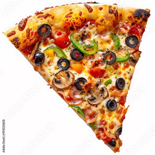 Delectable pizza slice with flavorful toppings on a solid PNG background.
