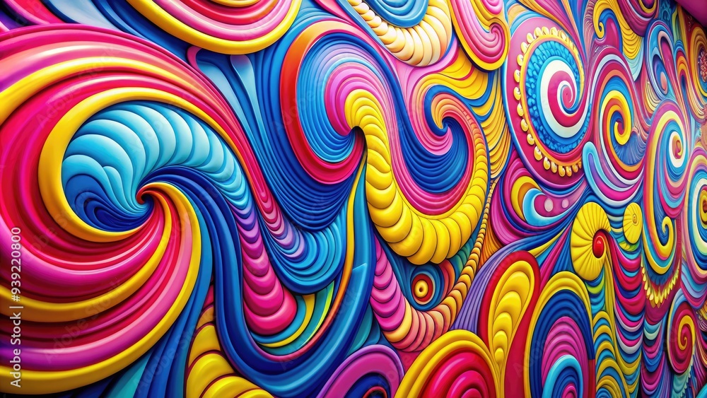 Fototapeta premium Vibrant, swirling patterns of pink, blue, and yellow hues create a mesmerizing, trippy design on a statement wall, evoking a sense of retro psychedelic flair.
