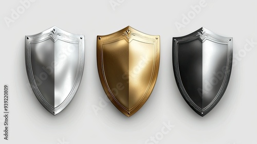 Metal shield icon. Silver gold knight shield ancient protective armor protection symbol realistic 3d vector illustration