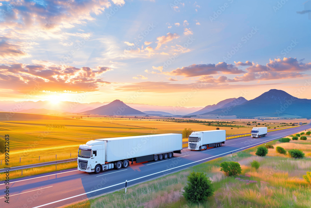 Trucks on Highway at Sunset. Scenic Landscape with Mountains and Fields. Beautiful Sky and Trucker Lifestyle Trucks on Highway at Sunset. Scenic Landscape with Mountains and Fields. Beautiful Sky and Trucker Lifestyle