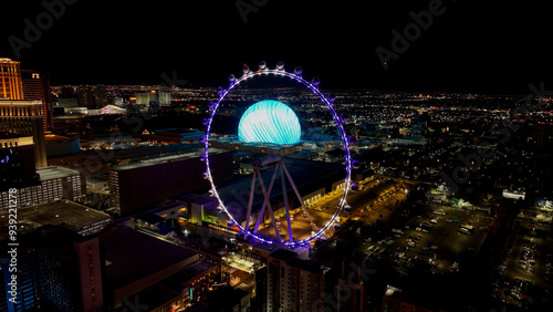 High Roller At Las Vegas In Nevada United States. Landmark Tourism Travel. Illuminated Las Vegas Skyline. High Roller At Las Vegas In Nevada United States. 