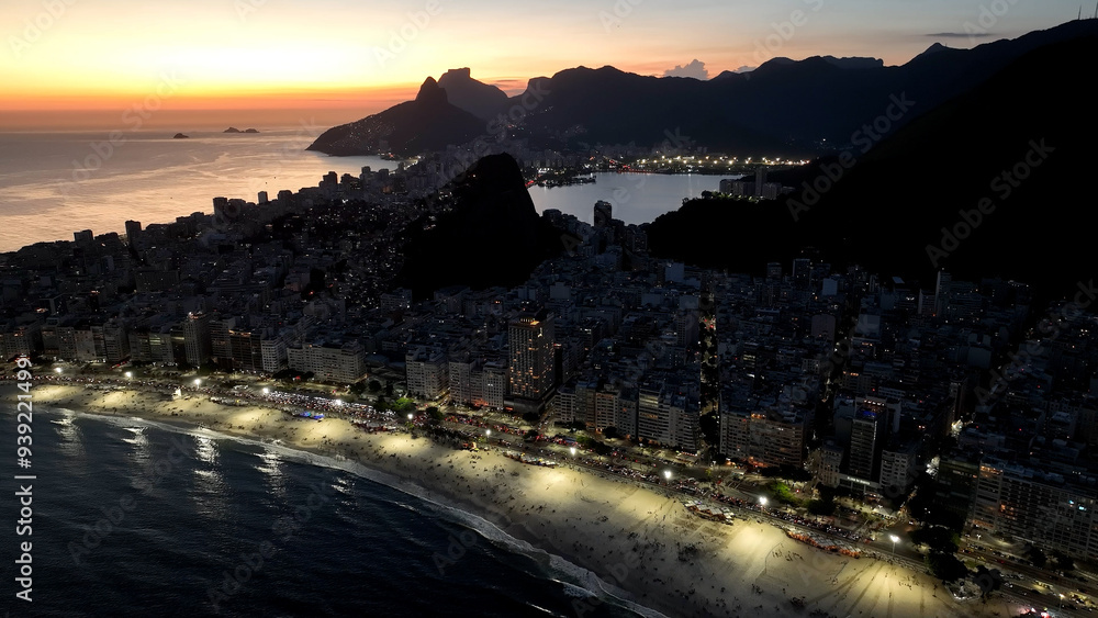 Fototapeta premium Sunset Skyline At Copacabana Beach In Rio De Janeiro Brazil. Sunset Dusk Skyline. Tourism Scene. Copacabana Beach At Rio De Janeiro Brazil. Sunset Evening Skyline. Sunset Skyline.