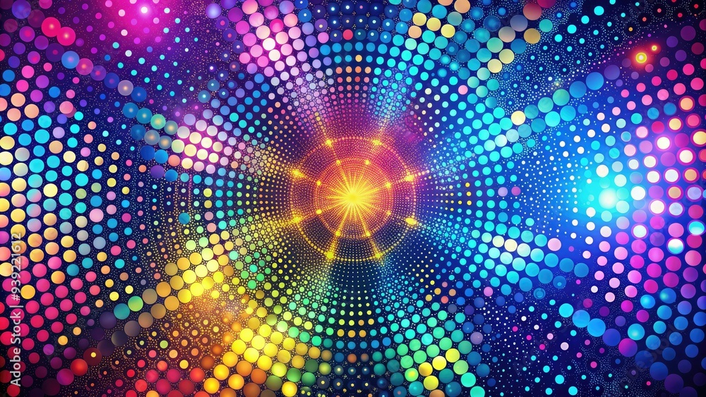Obraz premium Vibrant abstract background featuring intricate geometric patterns composed of small, perfectly spaced dots in shades of pink, blue, and yellow, creating a mesmerizing visual effect.