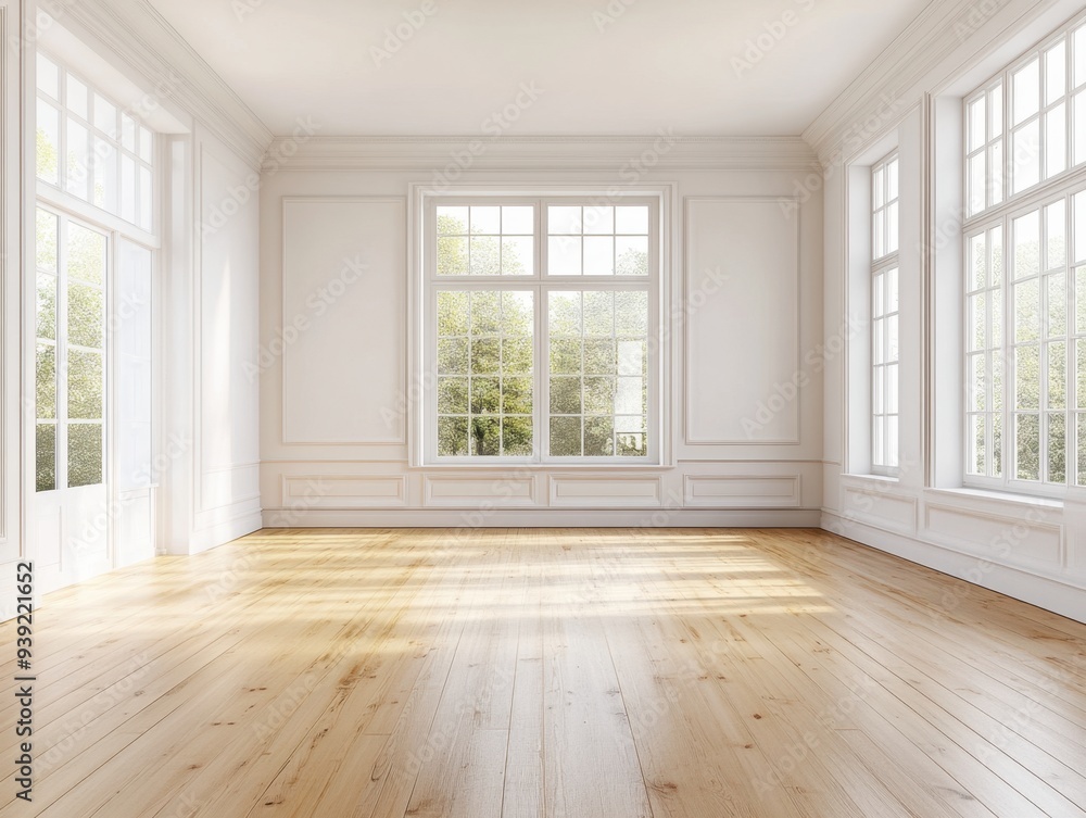 A large, empty room with white walls and wooden floors A large, empty room with white walls and wooden floors