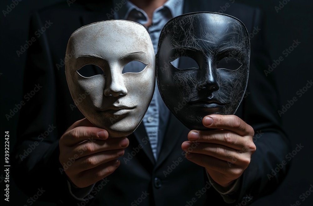 A man in a black suit holds one white mask in one hand and a dark-colored theater mask in the other hand A man in a black suit holds one white mask in one hand and a dark-colored theater mask in the other hand