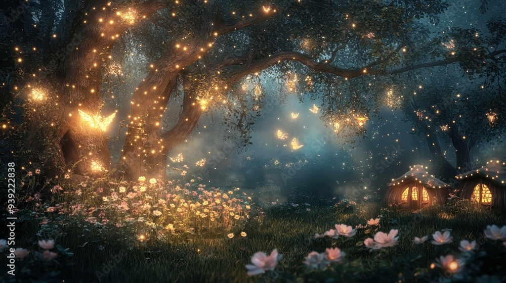 A magical forest scene illuminated by glowing lights and butterflies, with quaint cottages nearby. A magical forest scene illuminated by glowing lights and butterflies, with quaint cottages nearby.