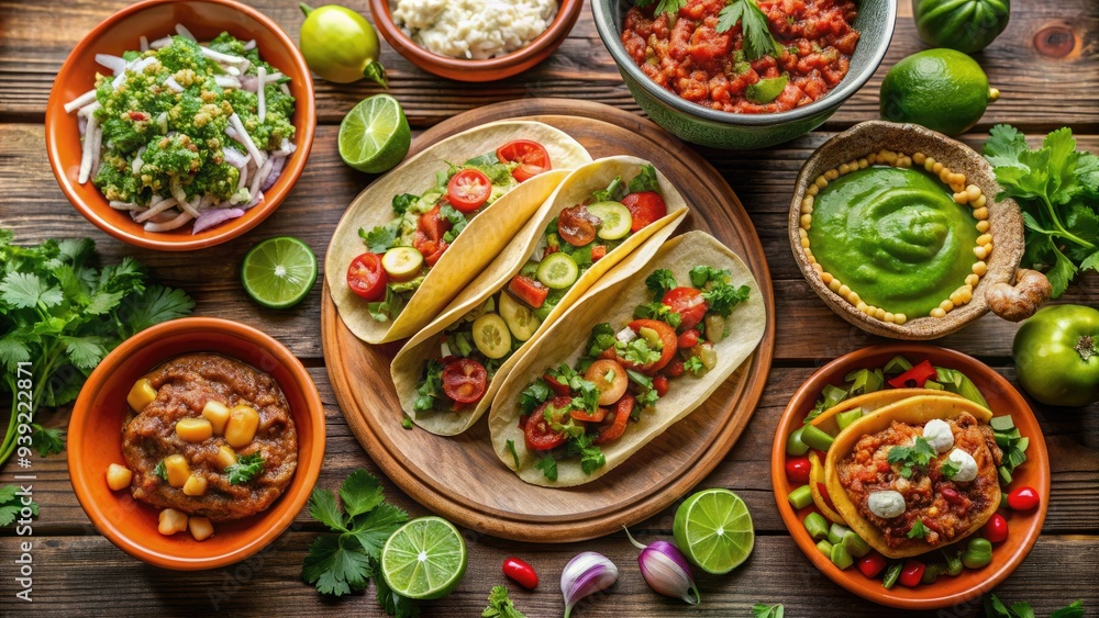 Vibrant arrangement of traditional Mexican dishes, including tacos, enchiladas, and guacamole, surrounded by fresh cilantro, limes, and colorful sombreros on a rustic wooden table. Vibrant arrangement of traditional Mexican dishes, including tacos, enchiladas, and guacamole, surrounded by fresh cilantro, limes, and colorful sombreros on a rustic wooden table.