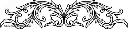 Vintage Baroque border element. Arabesque frame engraving ornamental. Swirl, Flourish, divider ornament leaf engraved retro pattern decorative design. Decorative Black filigree calligraphic vector