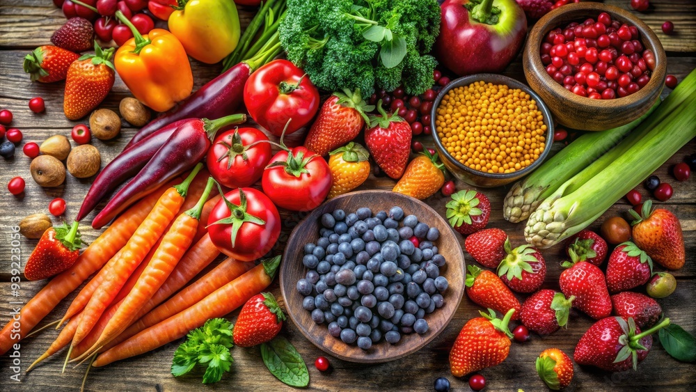 Vibrant assortment of fresh fruits and legumes including strawberries, grapes, carrots, bell peppers, and lentils arranged artfully on a rustic wooden table. Vibrant assortment of fresh fruits and legumes including strawberries, grapes, carrots, bell peppers, and lentils arranged artfully on a rustic wooden table.