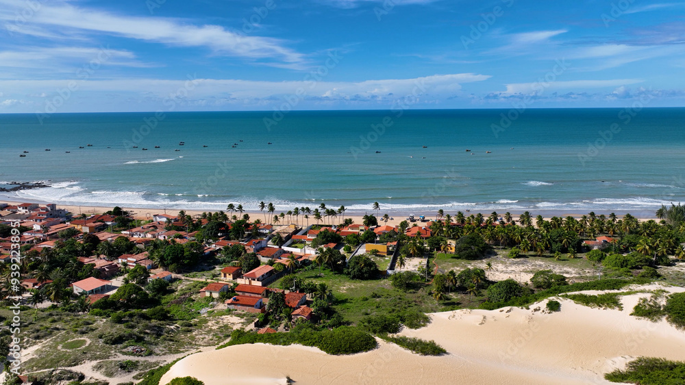 Obraz premium Calcanhar Lighthouse At Touros In Rio Grande Do Norte Brazil. Seascape Landscape. Coast Lighthouse. Nature Vegetation. Calcanhar Lighthouse At Touros In Rio Grande Do Norte Brazil.