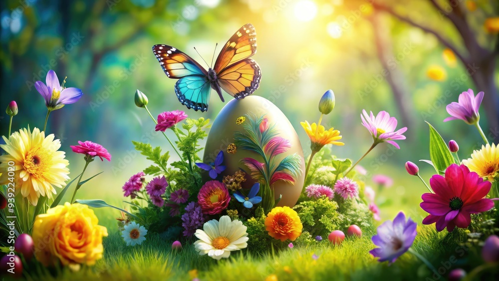 Vibrant blooming flowers and lush greenery surround a colorful Easter egg and delicate butterflies, capturing the joy and renewal of a happy spring holiday. Vibrant blooming flowers and lush greenery surround a colorful Easter egg and delicate butterflies, capturing the joy and renewal of a happy spring holiday.