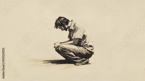 Illustration of Job’s Emotional Appeal - Job Kneeling and Asking God to Show Any Hidden Sins, Beige Background