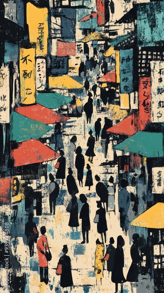 Fototapeta premium The artwork showcases a busy urban street alive with pedestrians, market stalls, and bright awnings, capturing evening activity and energy