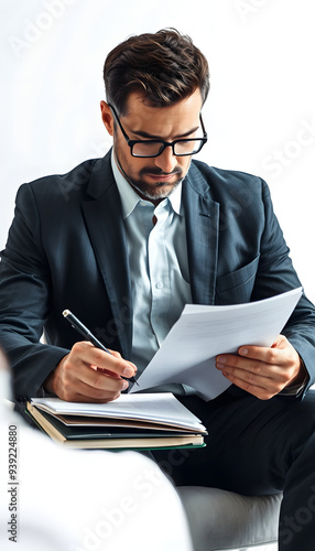 Mental instability. Serious professional male therapist holding his notes and writing in them while putting a diagnosis isolated with white highlights, png photo