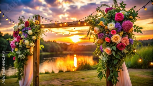 Vibrant bouquet of flowers and garland adorns the entrance of a picturesque outdoor wedding ceremony, set against a serene rustic landscape at sunset. photo