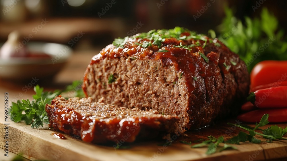Homemade meatloaf with fresh herbs and glaze on a wooden cutting board, ready to be served. A perfect, hearty meal for family dinners. Homemade meatloaf with fresh herbs and glaze on a wooden cutting board, ready to be served. A perfect, hearty meal for family dinners.