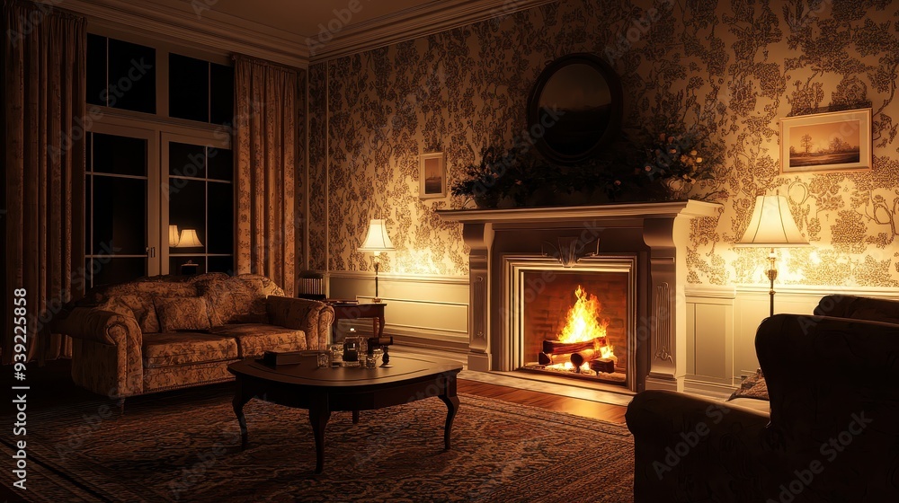 Fototapeta premium Cozy Living Room with Fireplace
