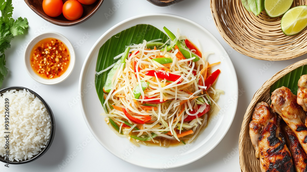The photo of delicious Thai food famous Som Tam papaya Salad serve with Sticky rice and chicken grilled decorate with ingredients The photo of delicious Thai food famous Som Tam papaya Salad serve with Sticky rice and chicken grilled decorate with ingredients