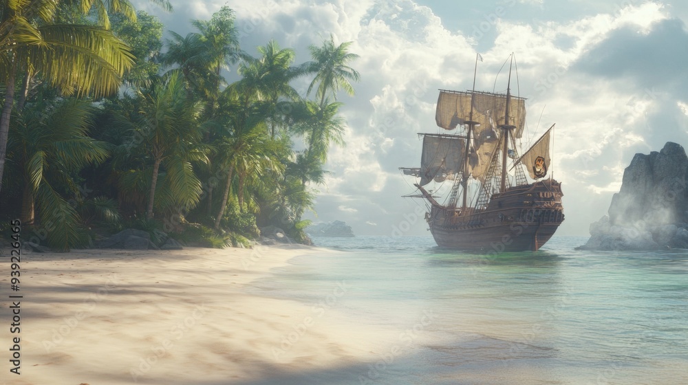 Naklejka premium A pirate ship next to an island