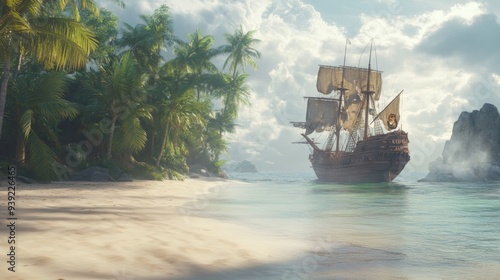 A pirate ship next to an island
