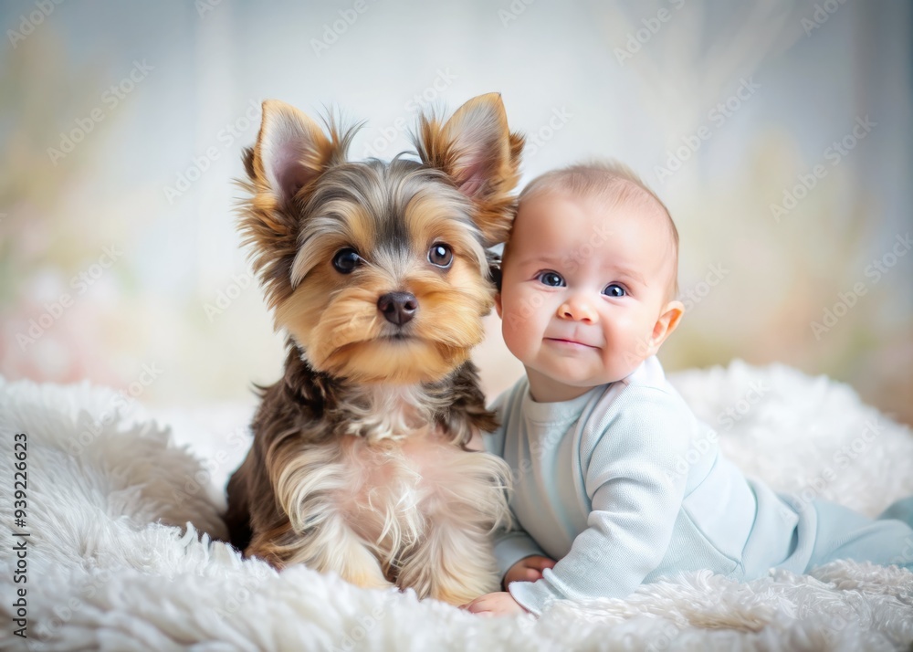 Soft and Cuddly Yorkie Pup with Baby: Pastel hues, fluffy fur, adorable expression, playful atmosphere Soft and Cuddly Yorkie Pup with Baby: Pastel hues, fluffy fur, adorable expression, playful atmosphere
