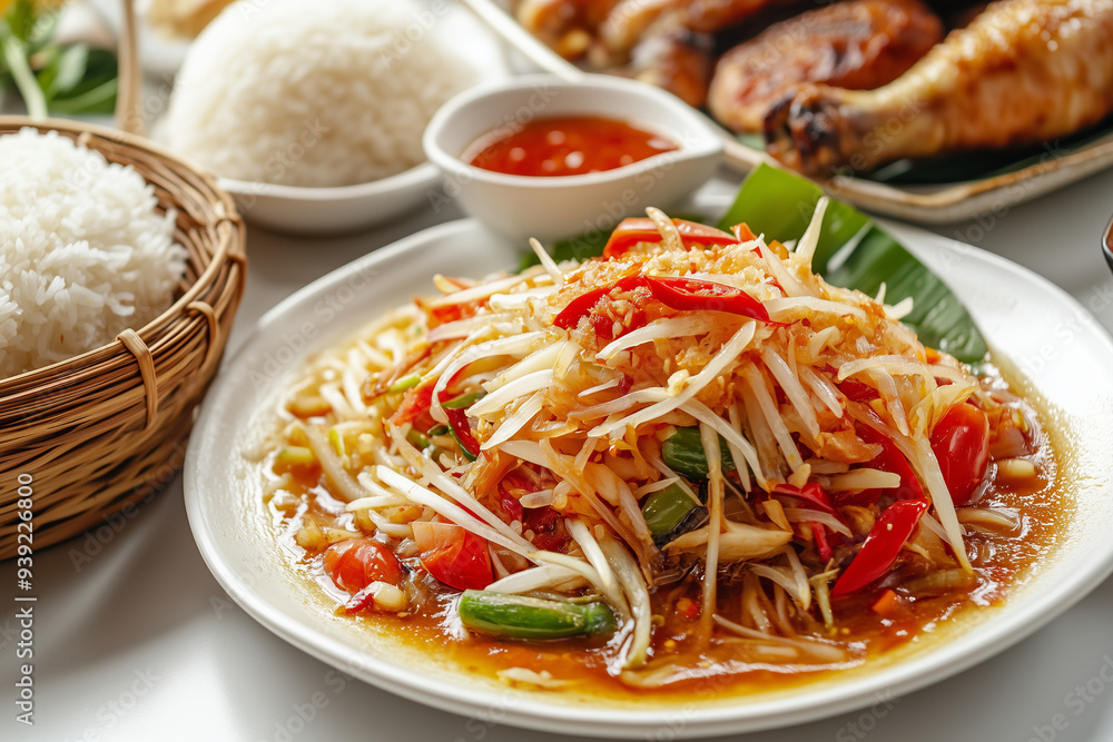 The photo of delicious Thai food famous Som Tam papaya Salad serve with Sticky rice and chicken grilled decorate with ingredients  