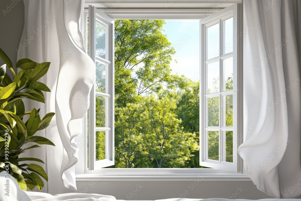 Bright and airy window view featuring lush green trees, perfect for conveying peaceful nature and relaxation themes. Bright and airy window view featuring lush green trees, perfect for conveying peaceful nature and relaxation themes.