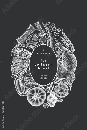 Collagen Diet Chalk Board Design Template. Vector Hand Drawn Healthy Food Banner. Vintage Style Collagen Bust Menu Illustration.