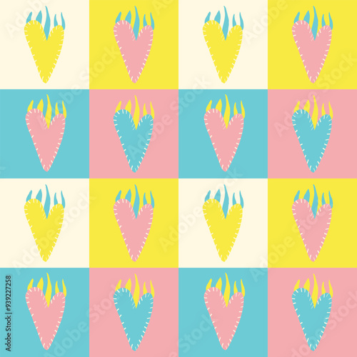 Valentines Day pattern with ugly funky hearts. Groovy cute love characters. Vector illustration in doodle style