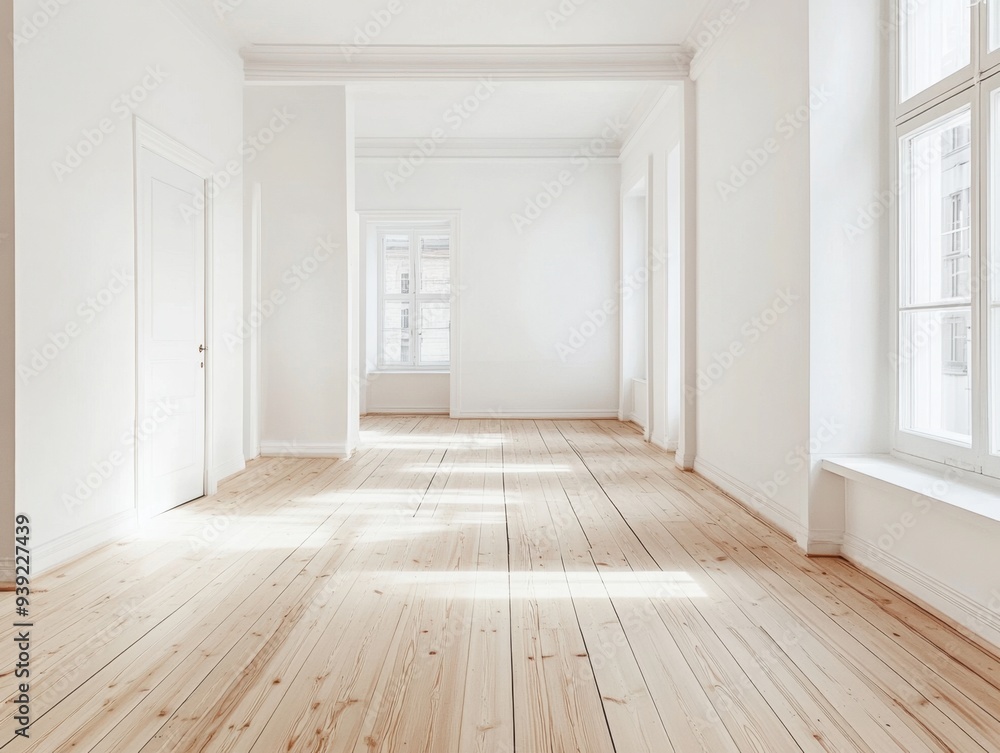 A large, empty room with white walls and wooden floors A large, empty room with white walls and wooden floors