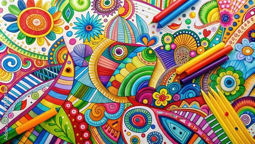 Wallpaper Mural Vibrant colorful art piece created with various markers on a white background, showcasing abstract shapes, lines, and patterns in a playful and creative composition. Torontodigital.ca