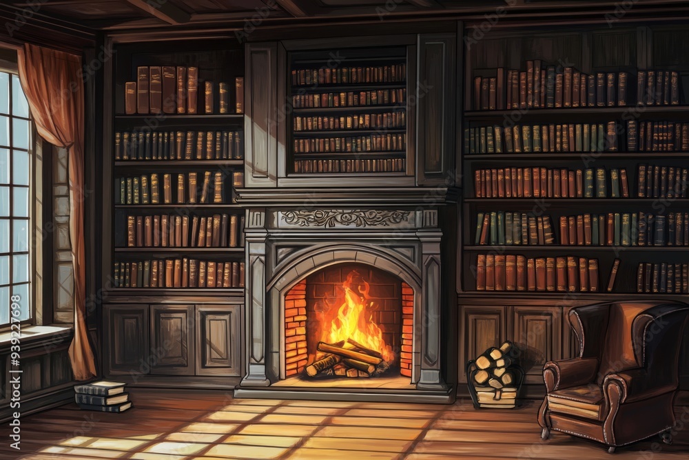A beautiful, old-world study with leather-bound tomes, dark wood paneling, and a roaring fireplace A beautiful, old-world study with leather-bound tomes, dark wood paneling, and a roaring fireplace