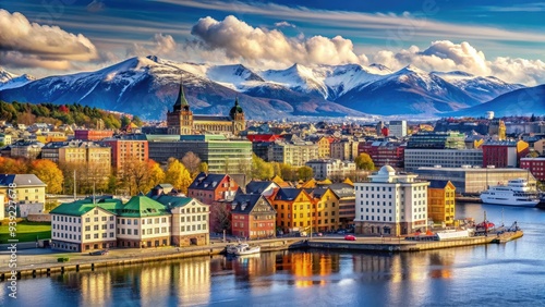 Vibrant colorful buildings line the scenic waterfront of Oslo, Norway's capital, with majestic snow-capped mountains rising in the background under a bright blue sky.