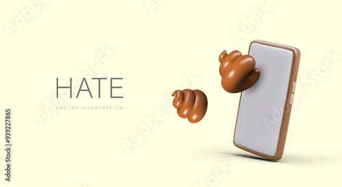 Hate concept. Online insults, hater. Brown poop flies out of smartphone