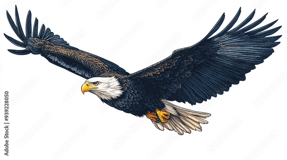 Fototapeta premium A bald eagle is in flight against a white background.