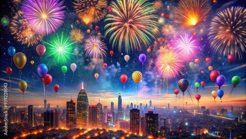 Vibrant colorful fireworks explode in the night sky, casting a magical glow over the cityscape as confetti and balloons float gently to the ground.