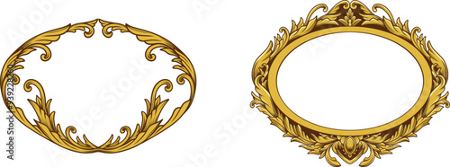 Golden oval vintage picture frames. Fancy Gold Decorative antique borders with baroque, filigree ornamental. Vector illustration design elements. 