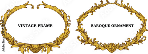 Set of fancy Gold oval frames. Antique border frame with arabesque, swirl, filigree element. Luxury decorative mirror cover. Vintage framework retro elegant