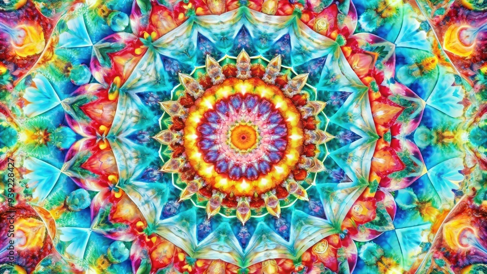 Vibrant colorful geometric patterns and shapes converge in perfect symmetrical harmony, creating a mesmerizing kaleidoscope of abstract art against a stark white background.